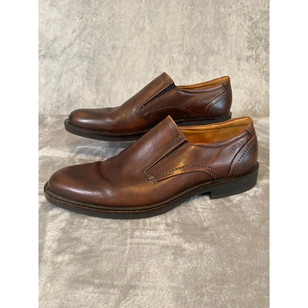 ECCO Helsinki Slip On EU 42 US 8-8.5 Brown Leather Comfort Loafers Dress Shoes